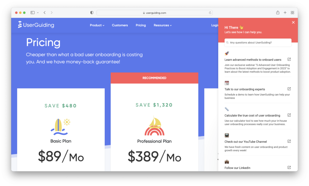 UserGuiding's transparent pricing with a support for product led growth