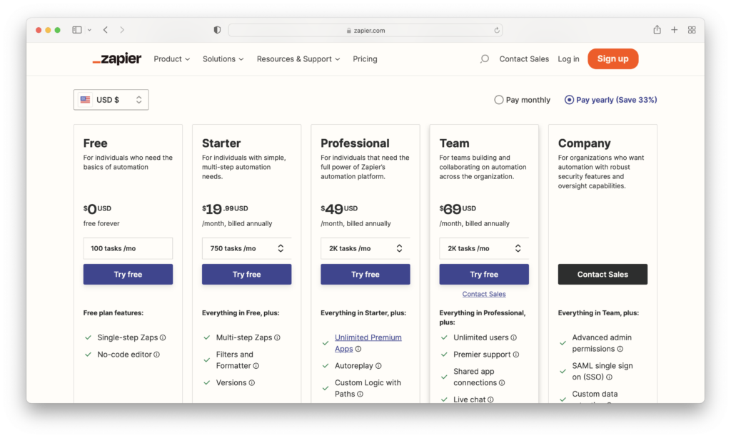 zapier pricing page