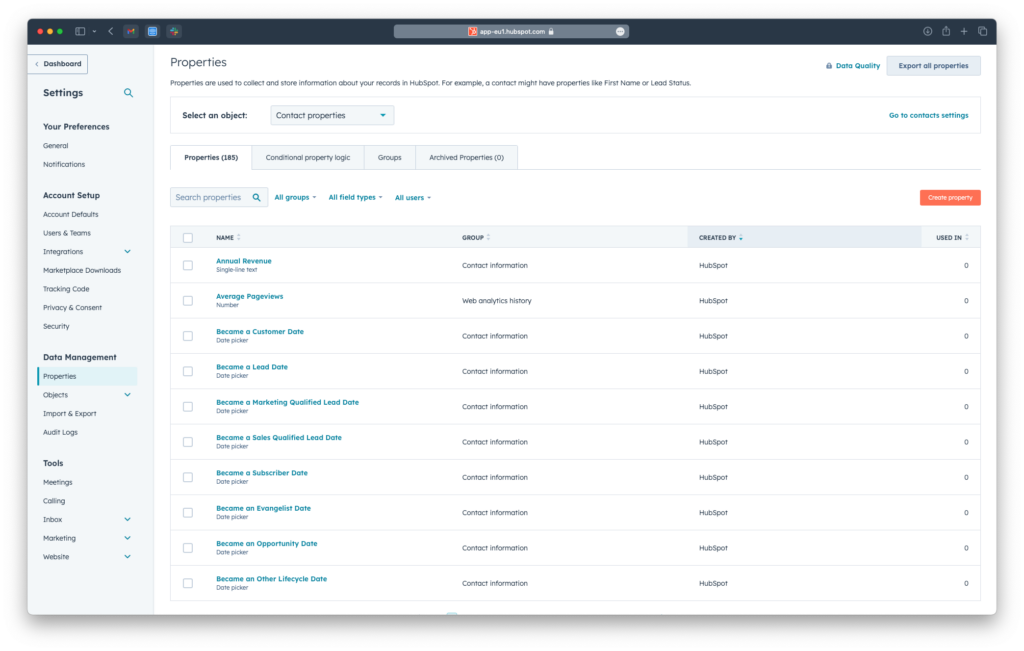 create propertly in hubspot