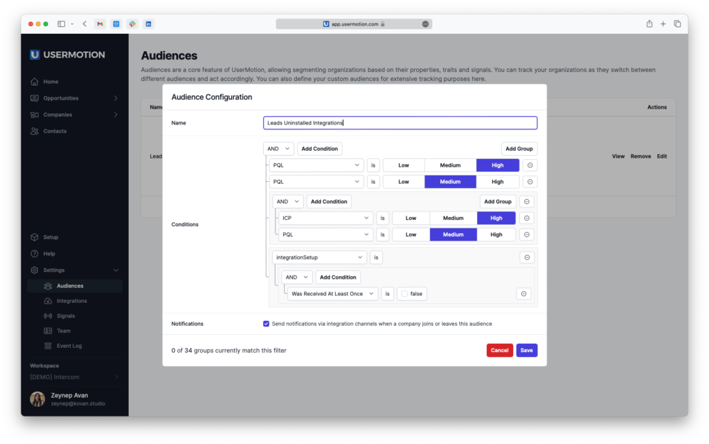 usermotion audience configuration