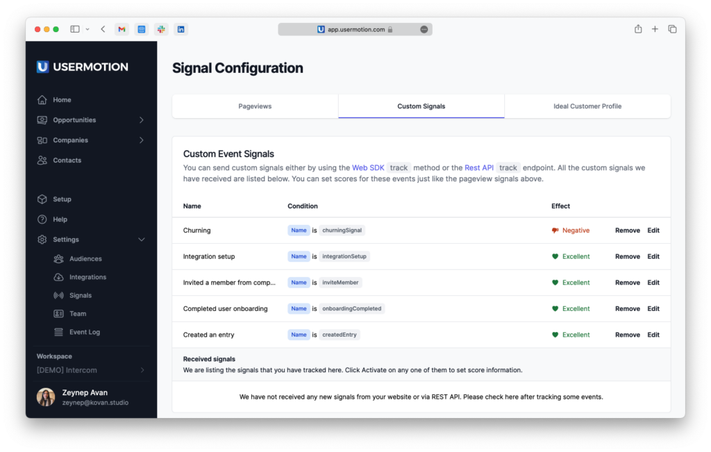 usermotion signal configuration